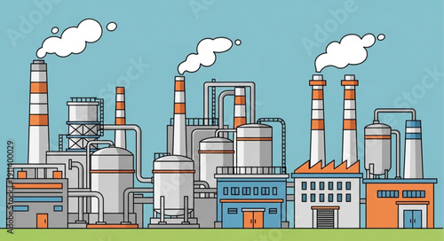 Industrial factory with smoking chimneys against a blue sky.