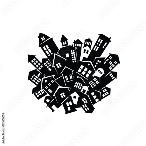 Abstract Cluster of Black and White Houses Illustration.