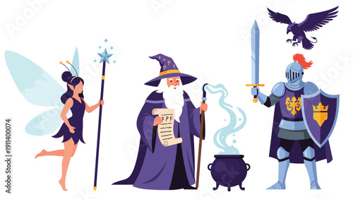 Diverse group of fantasy adventure characters featuring a winged fairy magical wizard with scroll and brave knight with sword and shield.