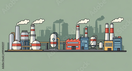 Industrial Factory Complex With Smoke Stacks Emitting Pollution.