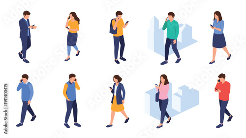 Isometric set of diverse people walking and standing while using their smartphones for calling and texting in a city environment.