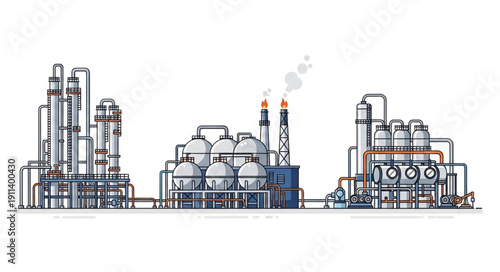 Industrial Factory Complex with Smoke Emitting from Chimneys.