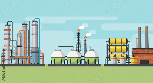 Industrial factory complex with multiple towers and chimneys.