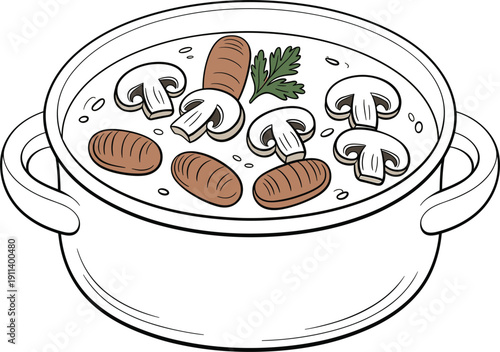 Hearty homemade mushroom cream soup in white cooking pot with fresh parsley garnish, healthy meal vector