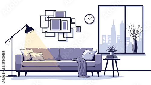 Modern living room interior illustration featuring a comfortable sofa stylish floor lamp and a large window with a city skyline view.