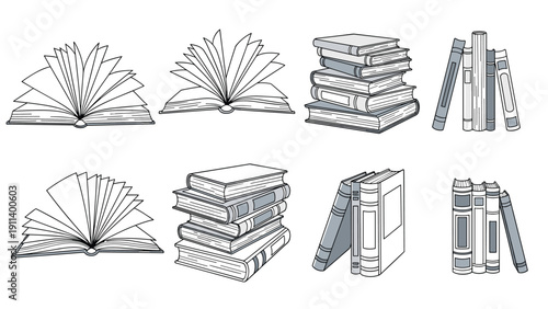 Collection of detailed black and white sketches showing open books stacked books and rows of books for library and school design.