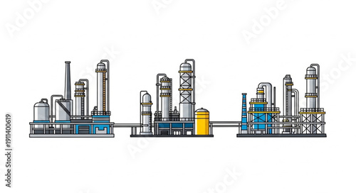 Industrial factory complex with multiple towers and pipelines.