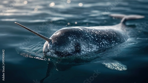 A narwhal swims near the ocean surface, showcasing its iconic long, spiral tusk under calm blue waters.