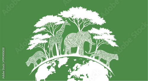 African Wildlife and Trees on a Globe Illustration.