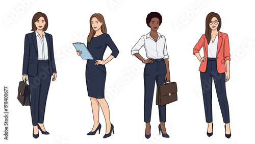 Group of four diverse professional women dressed in different stylish business outfits including suits and dresses for office work.
