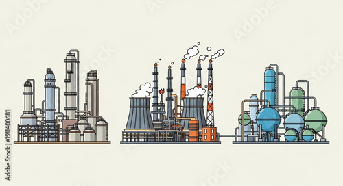 Industrial factory complex with multiple structures and smokestacks.