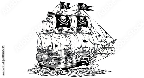Pirate Ship Sailing on Wavy Ocean with Jolly Roger Flags