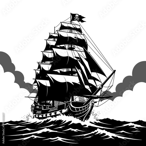 Pirate Ship Sailing on Rough Seas with Jolly Roger Flag