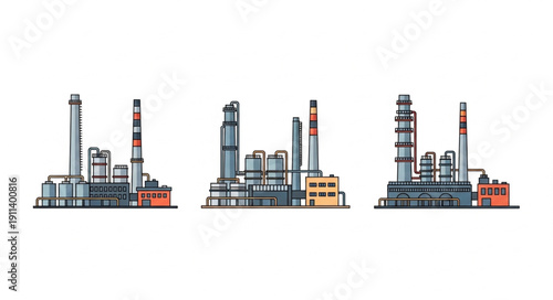 Industrial factory complex with multiple towers and structures.