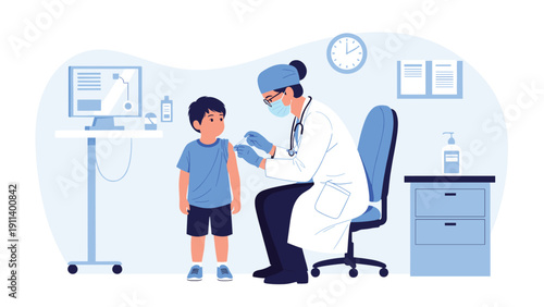 Professional female doctor wearing a face mask and gloves gives a vaccine injection to a small boy in a medical clinic office.