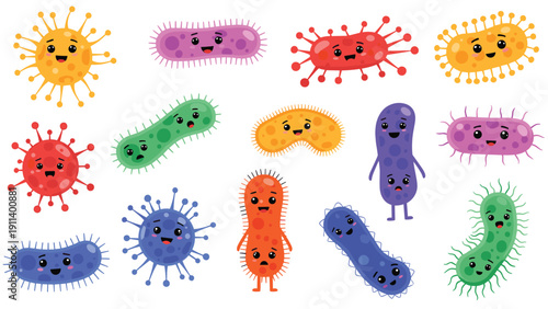 Large set of colorful and cute cartoon bacteria, viruses, and germ characters with happy and sad faces for educational health concepts.