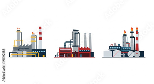 Industrial factory buildings with smokestacks and pipelines.