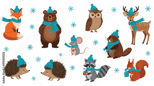 Collection of cute woodland animals like foxes, bears, and owls wearing blue knitted hats and scarves surrounded by snowflakes for winter themes.