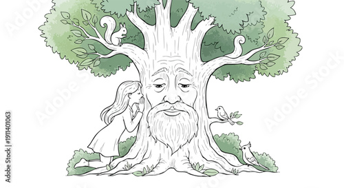 An Old Wise Tree with a Human Face and a Young Girl.