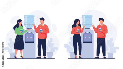 Side by side spot the difference game illustration featuring a man and woman chatting near a water cooler in a modern office setting.