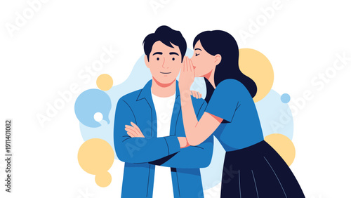 Young woman whispering a secret into the ear of a man who looks surprised or curious against a backdrop of colorful speech bubbles.