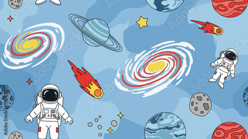 Seamless pattern design featuring astronauts, planets, galaxies, comets, and stars in a vast blue space for children wallpaper or fabric themes.