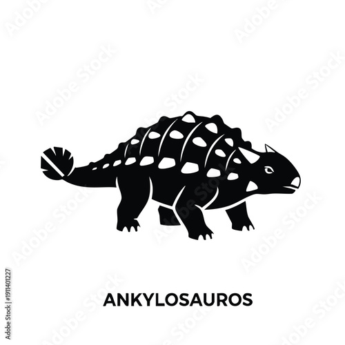 Ankylosaurus Dinosaur Silhouette Black and White Illustration.