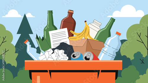 Large orange recycling bin filled with waste like glass bottles, paper, cardboard, and plastic set against a green forest and blue sky background.