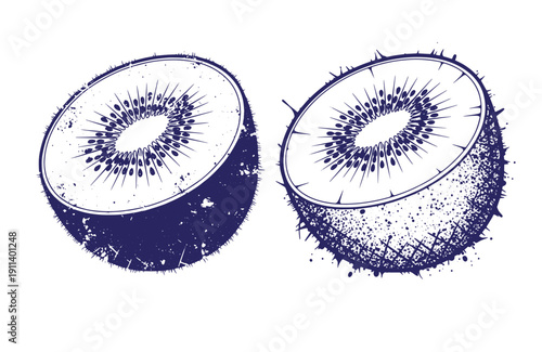 Grunge texture kiwi fruit cut in half with seeds and fuzzy skin in blue illustration on white background Vintage Style