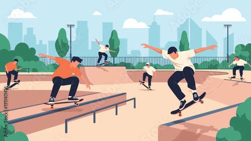 Group of young men performing various tricks and jumps on skateboards in a modern urban skate park with a city skyline in the background.