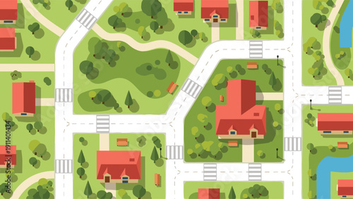 Overhead map illustration of a suburban neighborhood with houses, streets, crosswalks, parks, trees, and small ponds for city planning concepts.