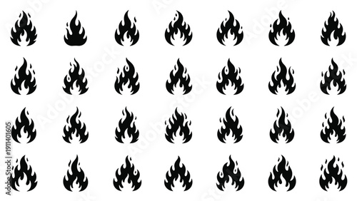 Set of black flame silhouettes and fire icons in various shapes and sizes arranged in a grid pattern on a clean white background.