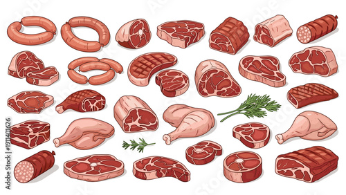 Assorted collection of raw meat cuts including beef steaks, sausages, pork chops, and poultry legs isolated on a white background for food themes.
