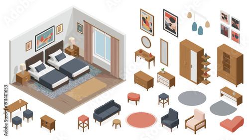 Isometric bedroom interior design set featuring beds, wardrobes, armchairs, lamps, and decorative wall art for home furnishing and layout concepts.