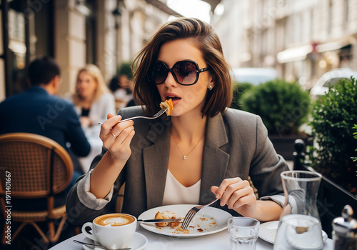 Smiling young woman sitting at a Parisian cafe table holding a coffee cup while enjoying a lifestyle lunch