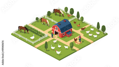 Detailed isometric farm illustration showing a red barn, farmers at work, and various domestic animals including horses, sheep, and chickens in pastures.
