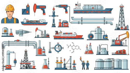 Industrial illustrations for the oil and gas sector featuring offshore platforms, refinery equipment, tankers, pipelines, and specialized technical workers.