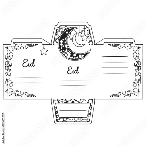 Eid Mubarak greeting card template featuring crescent moon and stars line art for DIY paper crafts and coloring activities during Islamic holiday celebrations with a minimalist vibe.