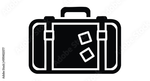 Black and white icon of a vintage suitcase with stickers.