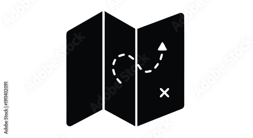 Black and white icon of a folded map with a dotted path.