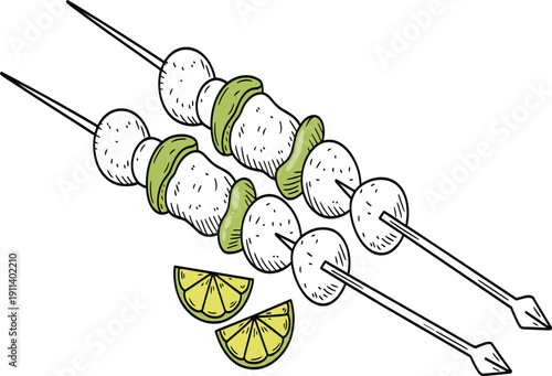 Grilled meat shish kabobs with green bell peppers and fresh lime slices, delicious barbecue protein skewers vector