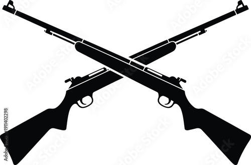 Black silhouette of two crossed vintage hunting rifles or military muskets isolated on white background for security emblem historical weaponry or shooting sport concept
