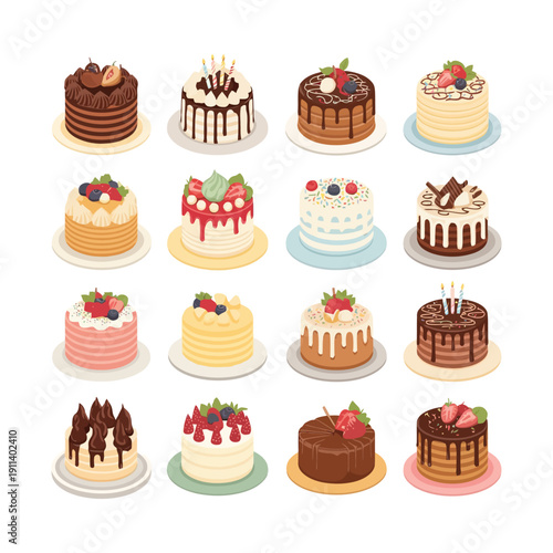 Collection of colorful layered celebration cakes with candles berries and dripping chocolate icing