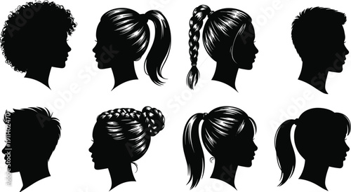 Set of black silhouettes featuring various male and female hairstyles and hair types isolated on white background for beauty salon fashion and identity concept