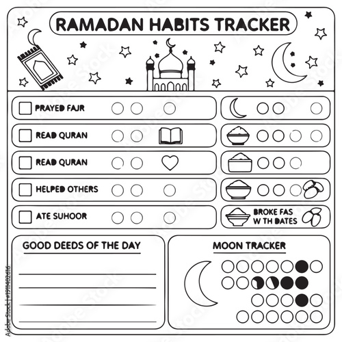 Ramadan Habits Tracker and Good Deeds Journal for Kids featuring a mosque illustration, moon phase tracker, and daily habit checklist designed as a printable coloring page for the holy month.