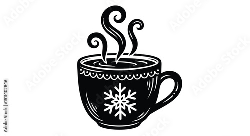 Black and white illustration of a steaming hot beverage in a snowflake mug.