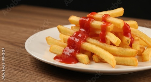 Golden, crispy french fries drizzled with vibrant red sauce on a white plate