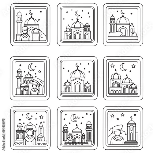 Set of Nine Minimalist Islamic Line Art Icons Featuring Mosques Minarets and Crescent Moons Under a Starry Night Sky for Ramadan Kareem and Eid Mubarak Celebrations and Coloring Activities.