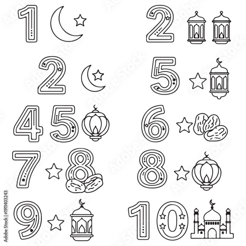 Islamic numbers and symbols coloring set featuring numbers 1 to 10 paired with Ramadan icons like lanterns, crescent moons, and mosques for educational worksheets and children's activities.