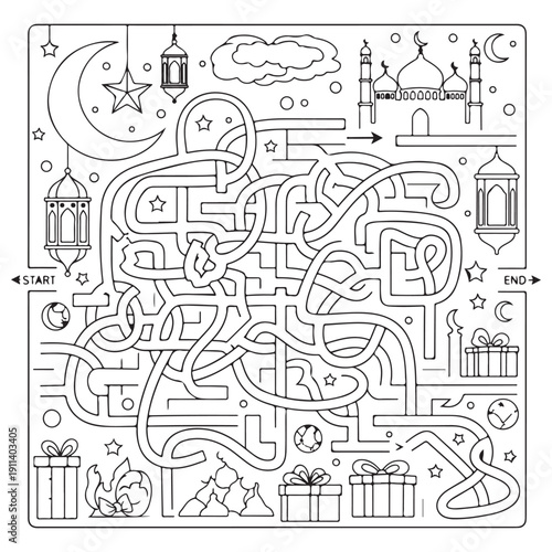 Ramadan Maze Puzzle for Kids Featuring Mosque Lanterns and Crescent Moon Symbols in a Black and White Line Art Style for Educational Coloring Activities and Islamic Holiday Celebration Fun.